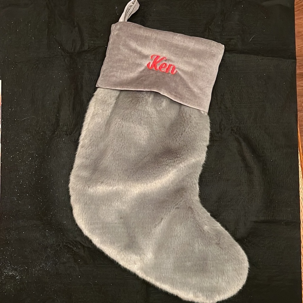 NEW POTTERY BARN “Ken” Grey Faux Fur Stocking.  New 2022. Red embroidered “Ken”
